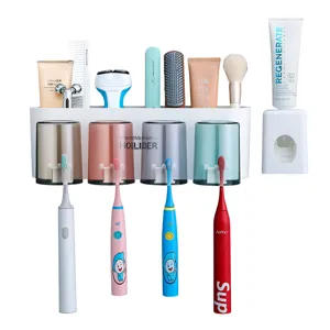 Wall-mounted toothbrush holder set with 4 cups, punch-free bathroom organizer and toothpaste dispenser.