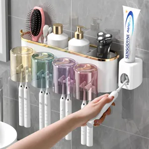 Wand-Zahnbürstenhalter Set mit Bechern und Zahnpastaspender für die Badezimmer Aufbewahrung.