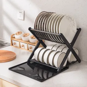 Escurridor de Platos de Cocina de Plástico Moderno en Forma de X Estante de Almacenamiento de Doble Capa Organizador Blanco Negro