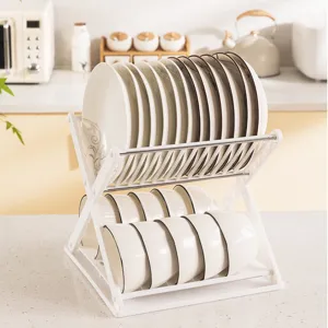 Escurridor de platos de plástico en forma de X, organizador de cocina de doble nivel.
