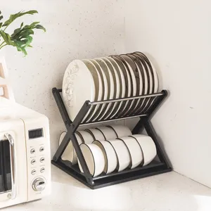 Escurridor de platos de plástico en forma de X, organizador de cocina de dos niveles.