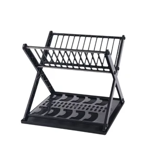 Escurridor de platos de plástico en forma de X, organizador de cocina de doble nivel.
