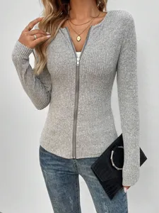 Women gray ribbed knit zip-up cardigan long sleeve casual sweater fashion apparel top.