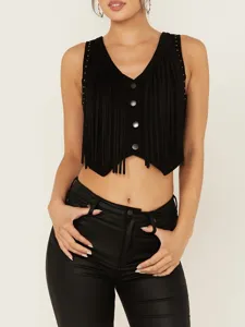 Women Casual Vintage Solid Color Short Tassel Vest Slim Fit V-Neck Sleeveless Cardigan Top