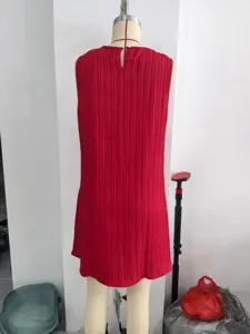 Red sleeveless pleated dress for women chic casual summer short dress round neck
