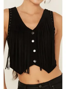 Black fringe cropped vest for women, vintage style sleeveless top with metal buttons and studs.