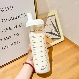 Clear Plastic Water Bottle With Straw And Time Marker Portable Cute Juice Milk Cold Drink Cup Daily Tumbler