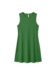 Green sleeveless ribbed mini dress, round neck casual summer beach vacation wear style.