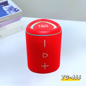 Red cylindrical Bluetooth speaker detail shot showing fabric mesh texture and glowing LED light ring top.