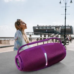 Portable wireless bluetooth speaker with deep bass, TWS pairing, and FM radio function.