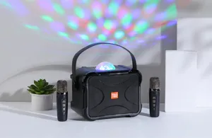 Portable wireless karaoke speaker detail showing colorful disco light, dual mics, and clean audio.