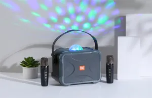 Portable wireless Bluetooth karaoke speaker with dual mics and colorful disco party lights.