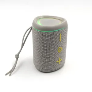 Portable wireless bluetooth speaker with colorful LED lights, fabric mesh, and handy lanyard.