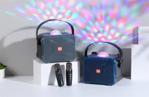 Close-up detail view of portable wireless Bluetooth karaoke speaker with colorful disco light ball.