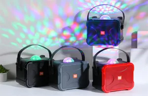 Portable wireless Bluetooth karaoke speaker featuring colorful disco lights and dual mics.