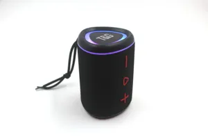 Portable wireless Bluetooth speaker with RGB LED light ring and clear fabric mesh texture.