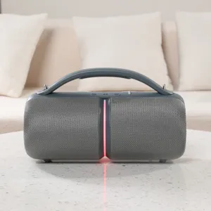 Portable bluetooth speaker with carrying handle and stylish led light bar for outdoor music.