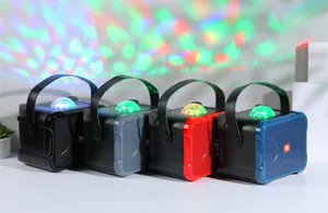 Portable wireless Bluetooth karaoke speaker with colorful disco lights and handy handle.
