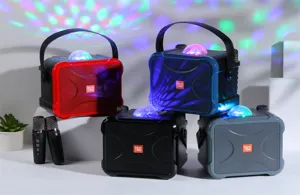 Portable wireless Bluetooth karaoke speaker with dual microphones and colorful disco light.