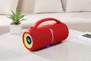 Portable wireless Bluetooth speaker with handle, colorful LED lights, deep bass sound for outdoor.