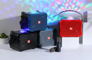 Portable wireless Bluetooth karaoke speaker with disco lights and dual microphones.