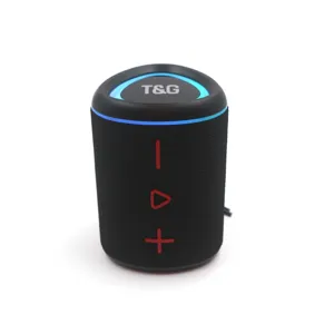 Close-up detail of portable wireless bluetooth speaker with colorful LED lights and mesh fabric.