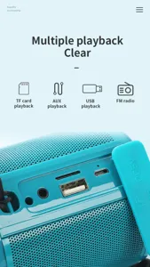 Nahaufnahme der Mini-Bluetooth-Lautsprecher-Anschlüsse mit TF-Karte, AUX, USB und DC5V.