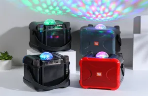 Portable bluetooth karaoke speaker with dual microphones and colorful disco lights for home party.
