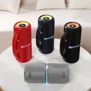 Portable wireless bluetooth speaker with handle, deep bass stereo sound, and colorful ring light.