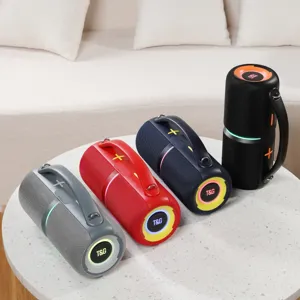 Portable wireless Bluetooth speaker with carry strap, outdoor mini subwoofer with RGB lighting.