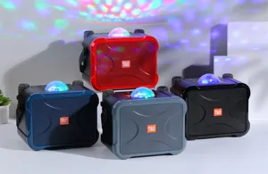 Portable wireless bluetooth karaoke speaker detail view with dual microphones and colorful lights.