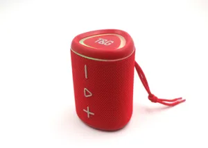 Portable wireless Bluetooth speaker with LED colorful lights, red fabric design and strap.