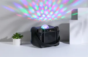Portable wireless bluetooth karaoke speaker detail with dual microphones and colorful light.
