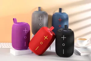 Haut-parleur Bluetooth sans fil portable avec lumières LED colorées et design étanche extérieur.
