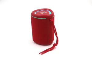 Red portable wireless bluetooth speaker with strap, led light and powerful deep bass sound.