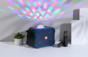 Portable wireless Bluetooth karaoke speaker detail, colorful disco light and dual mics.