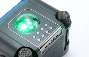 Portable wireless karaoke speaker detail view with colorful LED disco light and dual mics