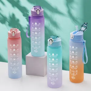Botella de Agua de Plástico Degradado Gran Capacidad Vaso Deportivo Con Marcador de Tiempo Pajita y Asa Portátil Para Gimnasio Al Aire Libre Uso Diario