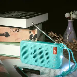 Tragbarer kabelloser Bluetooth-Lautsprecher mit Radio und Taschenlampe, türkise Detailansicht.