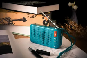Nahaufnahme des tragbaren blauen kabellosen Bluetooth Lautsprechers mit Antenne und Tasten.