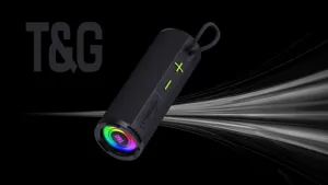 Tragbarer kabelloser Bluetooth-Lautsprecher mit Ambiente-Beleuchtung und kraftvollem Bass.
