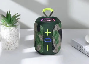 Portable mini camo bluetooth speaker with RGB light, handle and clear sound for outdoor use.
