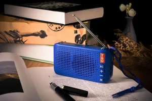 Kompakter tragbarer kabelloser Bluetooth-Lautsprecher mit FM-Radioantenne und Umhängeband Detail.
