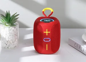 Portable wireless Bluetooth speaker with TWS function, vibrant red mesh fabric and convenient handle.