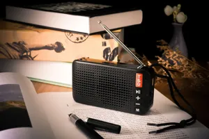 Detailaufnahme eines tragbaren kabellosen Bluetooth-Lautsprechers mit Antenne auf dem Tisch.
