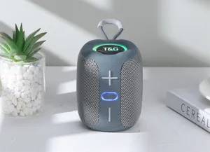 Portable mini bluetooth speaker detail view with mesh fabric body, hanging loop and LED light.