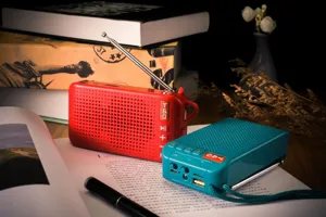 Tragbarer kabelloser Bluetooth-Lautsprecher mit UKW-Radio, Antenne und TWS-Funktion.