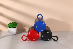 Portable wireless Bluetooth speaker detail view showing colorful base and lanyard design