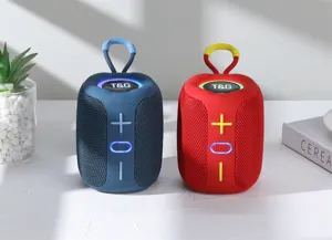 Portable mini outdoor bluetooth speaker with TWS light, wireless stereo hand strap audio.