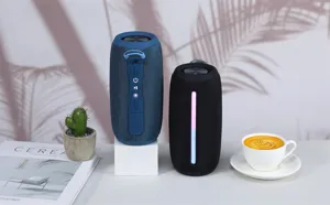 Portable wireless bluetooth speaker with fabric mesh design and stylish RGB LED light strip.
